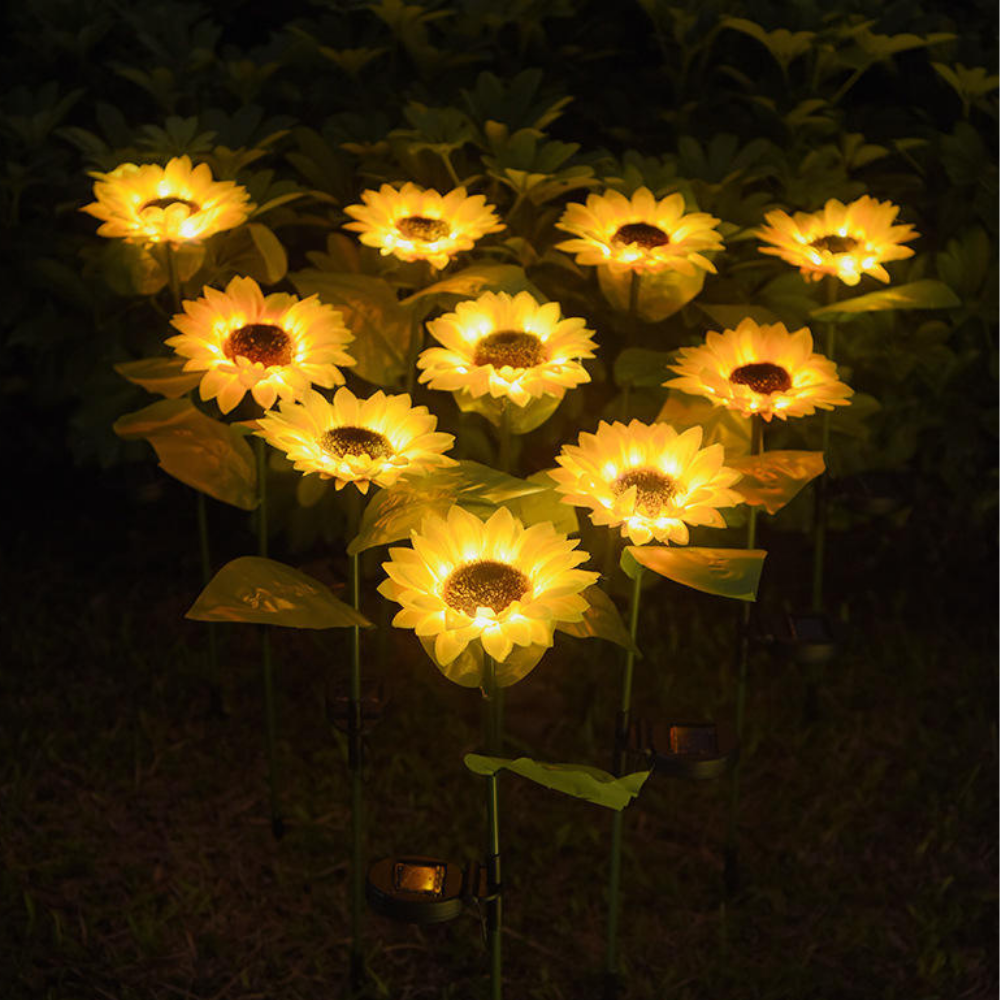 Luminária Solar de Girassol para Jardim – LED Impermeável com 3 Flores