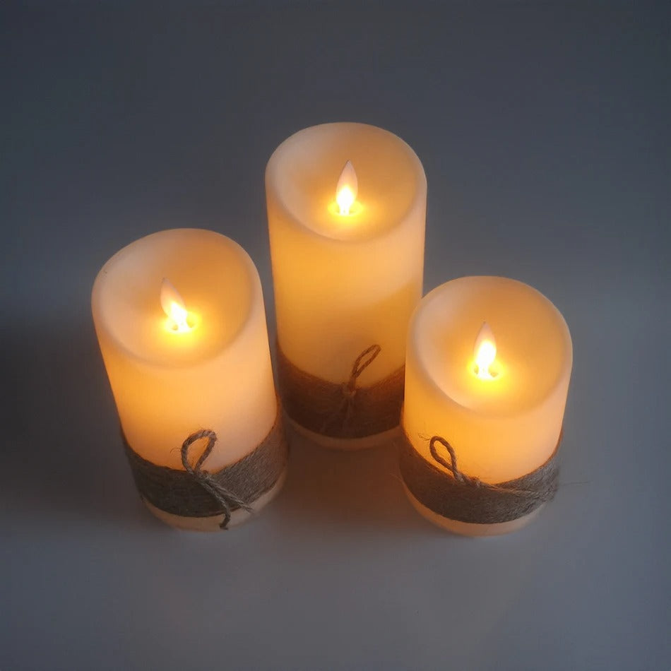 Kit 3 Velas LED com Chama Dançante – Sem Fio, com Corda Rústica Decorativa