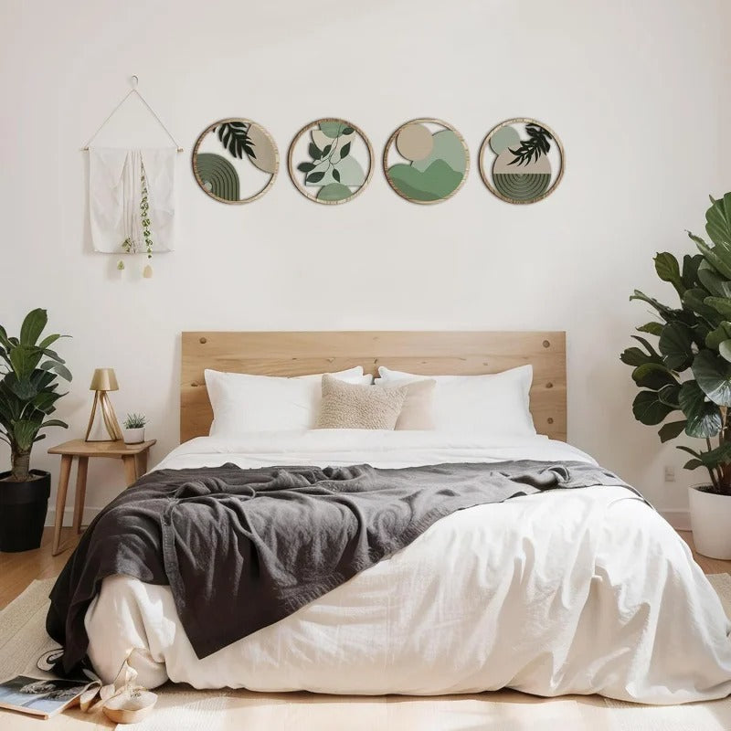 Kit 4 Quadros Redondos de Parede em Madeira – Arte Geométrica Boho Minimalista