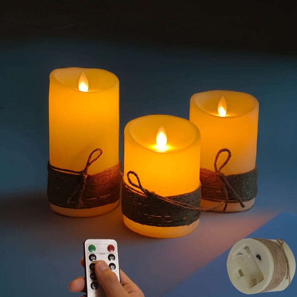 Kit 3 Velas LED com Chama Dançante – Sem Fio, com Corda Rústica Decorativa