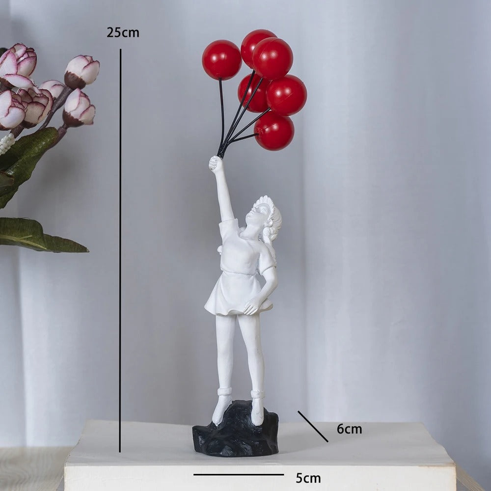 Escultura Menina com Balões em Resina – Arte de Coleção para Mesa 25cm