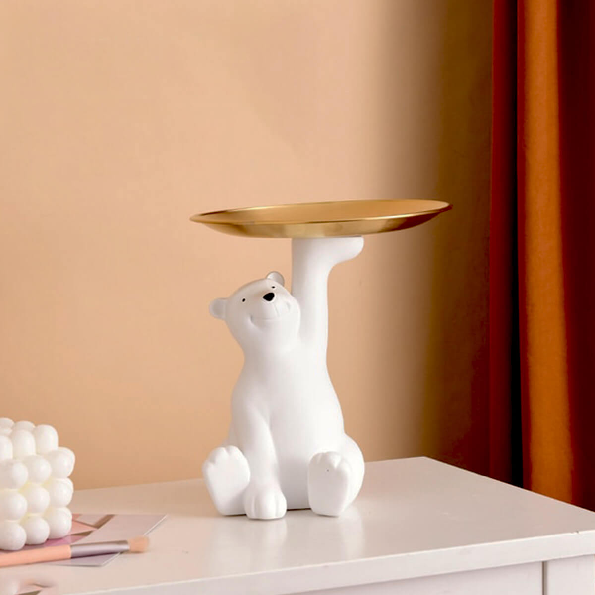 Porta-Objetos Urso Butler em Resina com Bandeja Dourada – Decorativo para Mesa